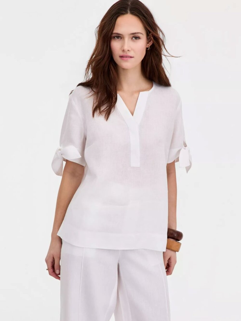 Charter Club White Linen Split-Neck Tie-Sleeve Blouse Size Large